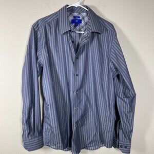 KO Egara Men's LS Gray Stripe Button-Up Shirt Slim Fit Non-Iron L Cotton!
